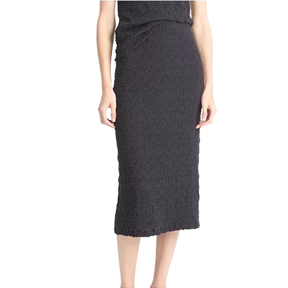 Vince Smocked Popcorn Midi Skirt Dark Sea Steel Textured Column Medium